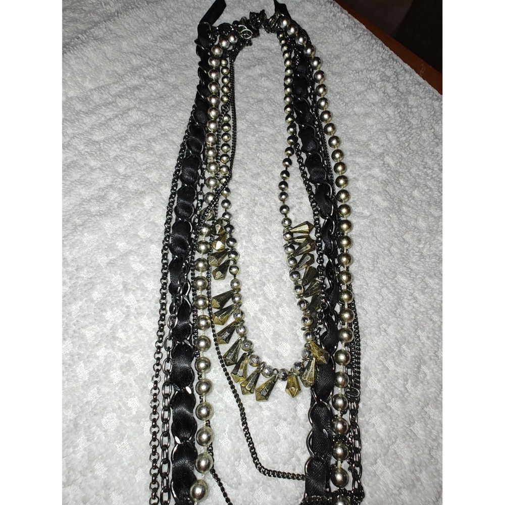 Necklace Multi-Strand Layered Silver Black Ribbon Spike Mixed Chain Statement